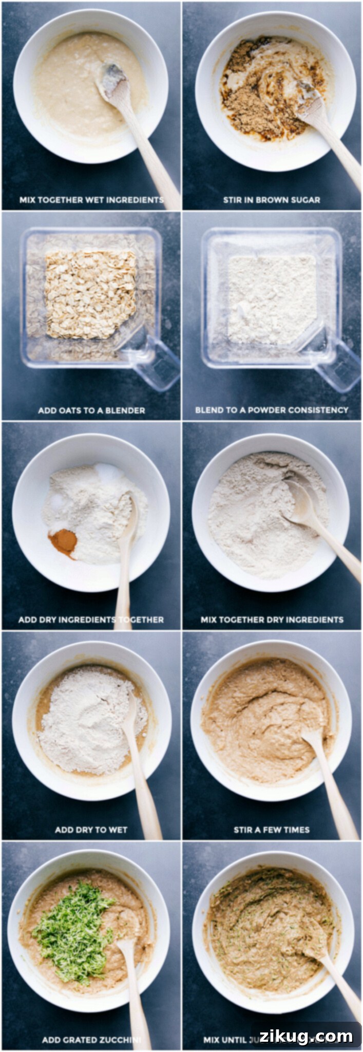 A collage of images showing the muffin batter preparation: mixing wet ingredients in a bowl, stirring in brown sugar, blending old-fashioned oats into oat flour, adding dry ingredients to the wet mixture, and briefly stirring to combine everything.