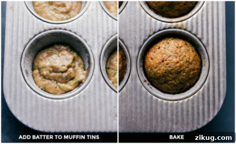 A side-by-side comparison of zucchini muffin batter in a muffin tin before baking, and the finished, golden-brown healthy zucchini muffins after baking.
