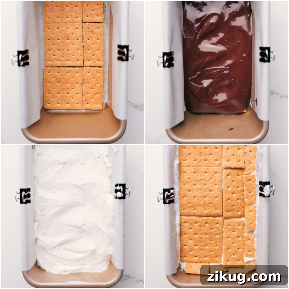 A step-by-step image showing the assembly of Frozen Protein S'mores in a loaf pan. The layers include graham crackers, a generous pour of melted chocolate, the creamy protein whipped topping, and finally, another layer of graham crackers, ready for freezing.