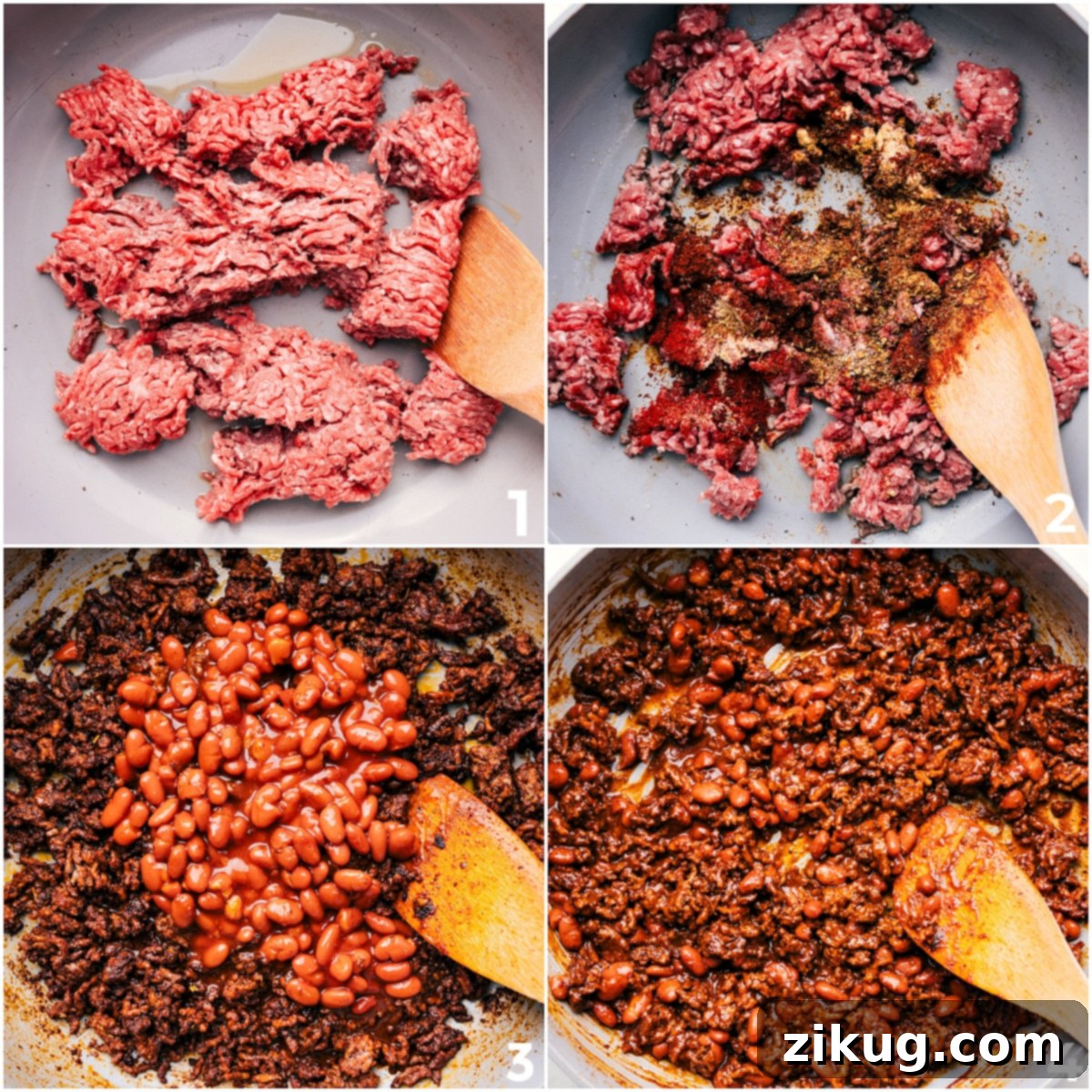Ground beef is being browned with taco seasonings in a large pan, then mixed with a can of chili beans to create the perfectly saucy and flavorful filling for this walking taco recipe.
