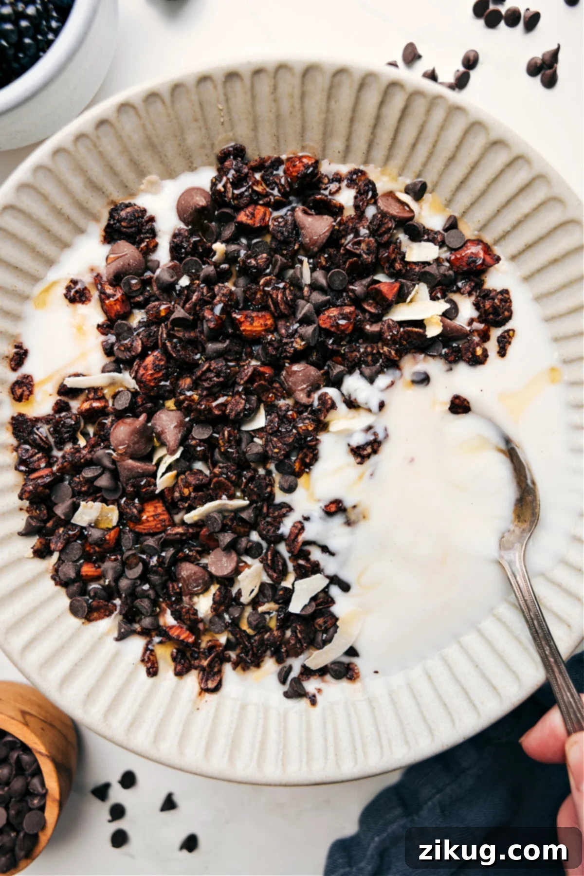 Homemade Chocolate Granola - The Perfect On-The-Go Snack Chocolate granola served in a yogurt bowl with fresh berries and a drizzle of honey, highlighting its rich texture.