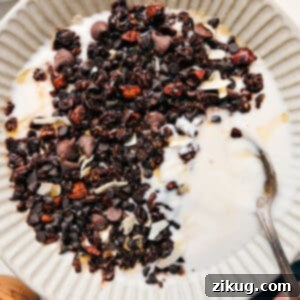 A vibrant close-up of a bowl filled with homemade chocolate granola, showcasing its rich color and crunchy texture.