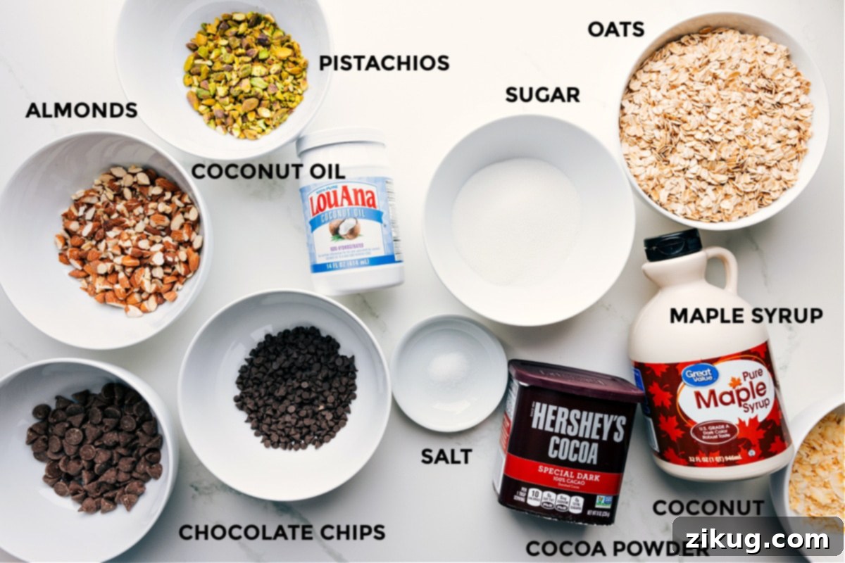 Key Ingredients for the Best Chocolate Granola Recipe All the essential ingredients for homemade chocolate granola laid out: old-fashioned oats, granulated sugar, maple syrup, cocoa powder, salt, chocolate chips, coconut oil, pistachios, and almonds.