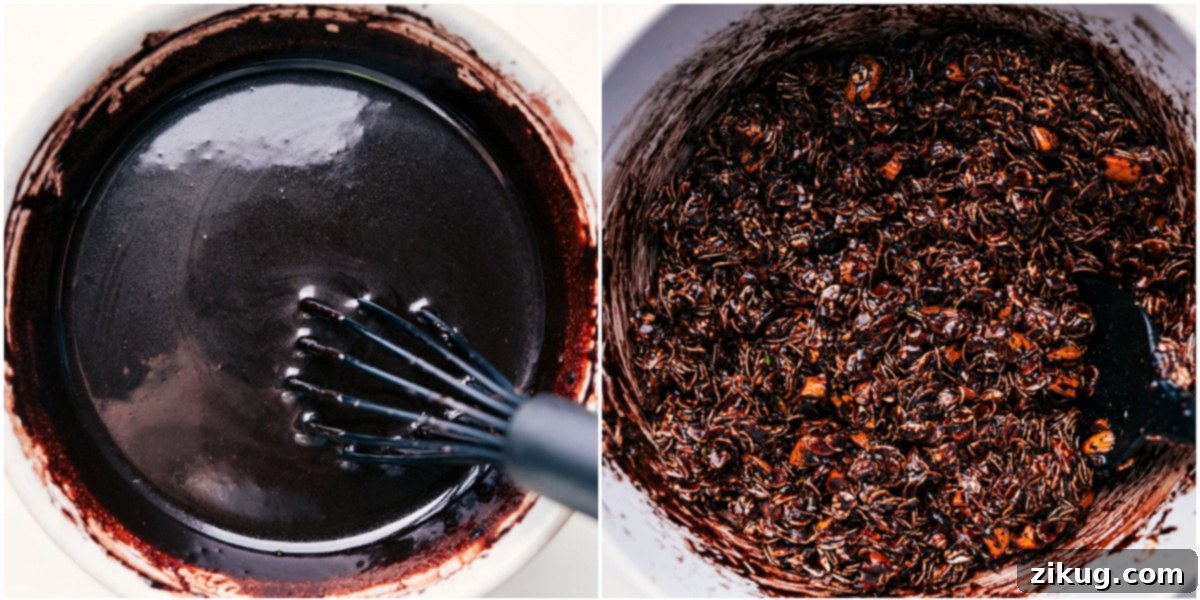 How To Make This Irresistible Chocolate Granola Recipe The rich, melted chocolate mixture is carefully poured over the dry oats and nut blend, ensuring every piece is coated before baking.