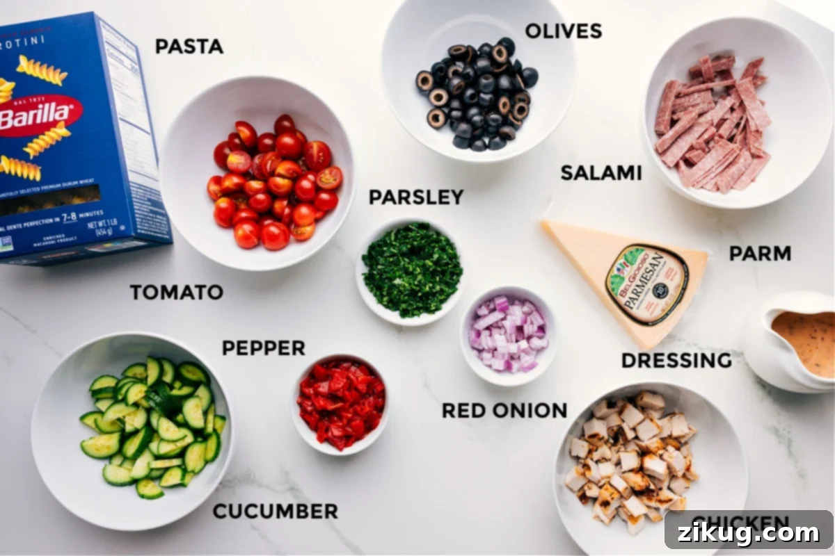 Essential Ingredients for the Best Italian Pasta Salad Recipe A flat lay of all the fresh and colorful ingredients for Italian Pasta Salad, meticulously prepped and arranged on a counter. Key components include cooked rotini pasta, sliced black olives, vibrant cherry tomatoes, chopped fresh parsley, finely diced red onion, thin slices of salami, grated Parmesan cheese, a jar of homemade Italian dressing, shredded cooked chicken, diced English cucumber, and roasted red bell pepper pieces.