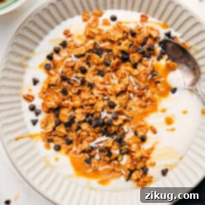 Delicious homemade peanut butter granola, golden and crunchy.