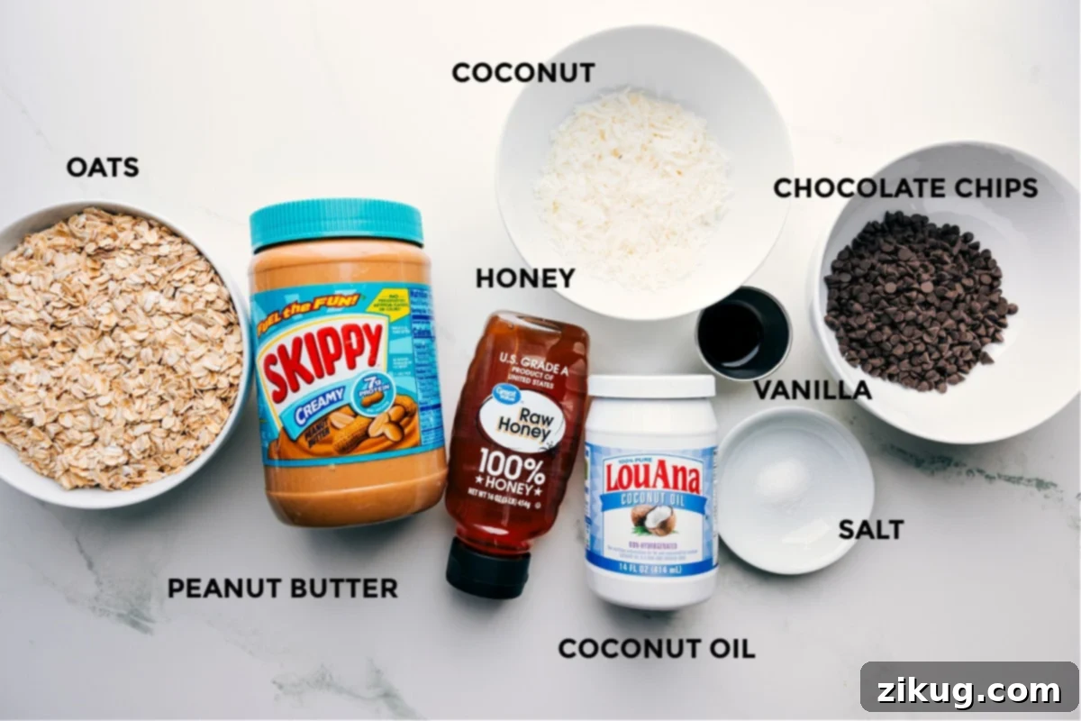 Key Ingredients for Peanut Butter Granola Prepped ingredients for this homemade Peanut Butter Granola recipe, including rolled oats, creamy peanut butter, honey, coconut oil, vanilla extract, salt, cinnamon, and optional chocolate chips.