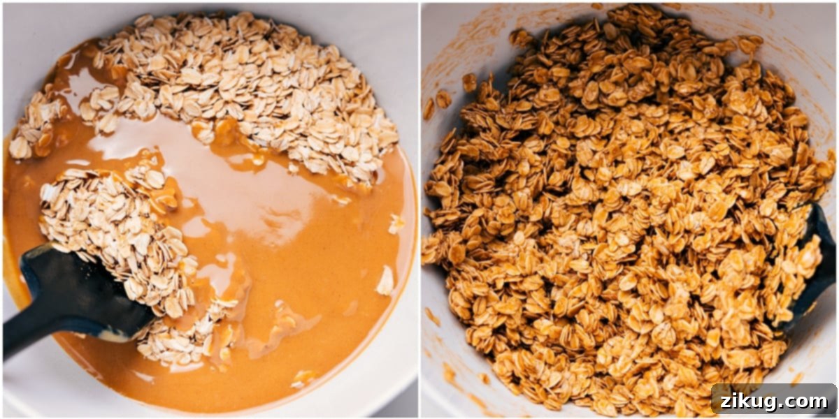 Combining Wet and Dry Ingredients for Peanut Butter Granola The wet peanut butter mixture fully coating the old-fashioned oats in a large bowl, ready to be spread onto a baking sheet for crispy perfection.