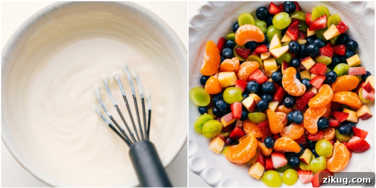 Simple Steps: How To Make A Fruit Salad With Yogurt The organized process of preparing the fruit salad is shown. On one side, a small bowl holds the creamy yogurt dressing, perfectly whisked and ready. On the other, a large bowl contains an abundance of freshly chopped and mixed fruit, symbolizing the final step before combining them for a luscious, creamy fruit salad with yogurt.