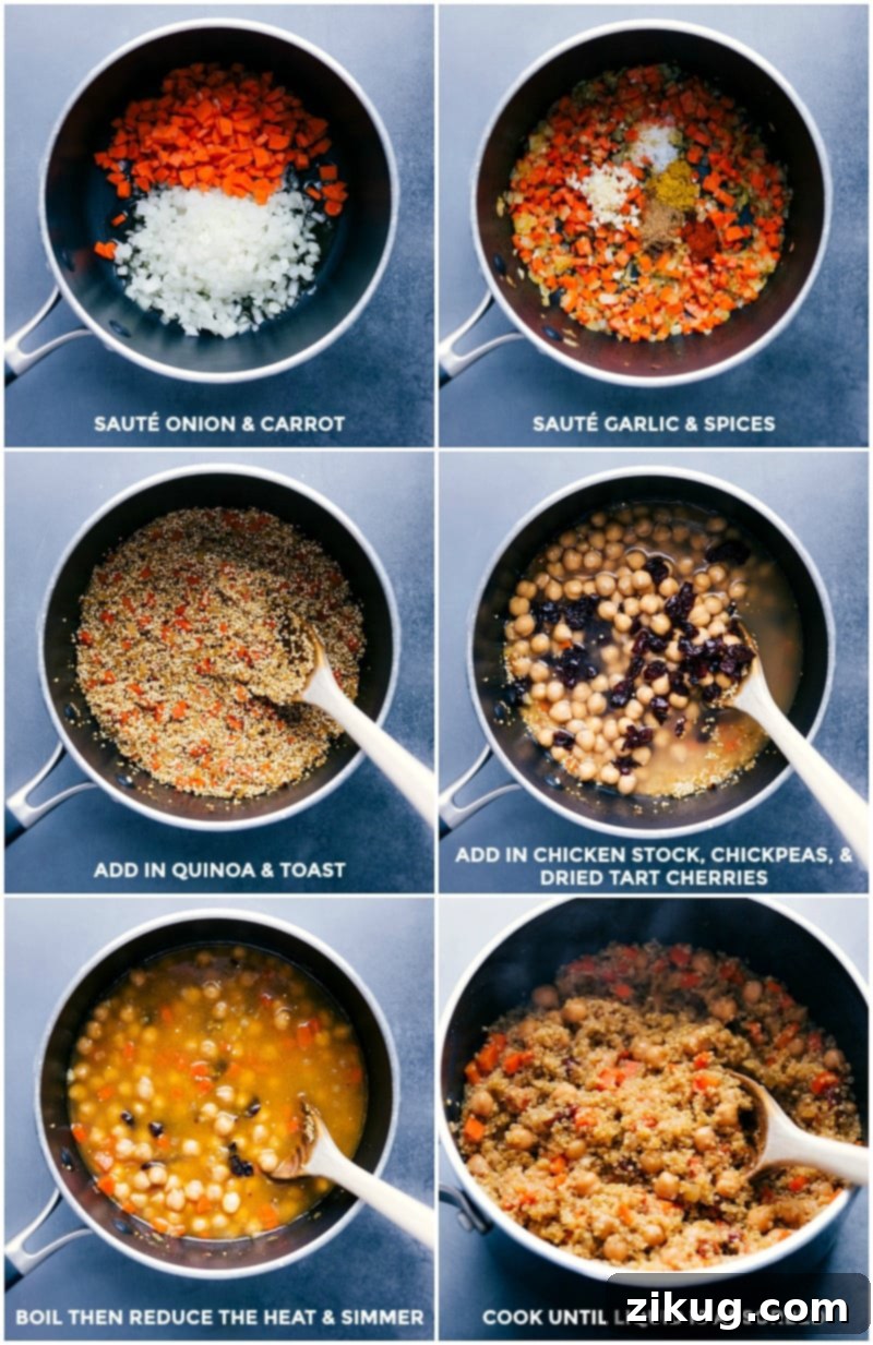 This tasty Quinoa Pilaf is loaded with good-for-you ingredients! Quinoa, chicken, and chickpeas form the protein-packed base. We add lots of veggies and an incredible lemon-herb sauce to finish it off. Healthful, hearty, and so much flavor! Recipe via chelseasmessyapron #healthy #quick #easy #best #protein #dinner #side #thanksgiving #quinoa #pilaf Process shots showing vegetables and quinoa sautéing, then chicken stock, chickpeas, and dried cherries being added, followed by the simmering and reduction of the mixture.