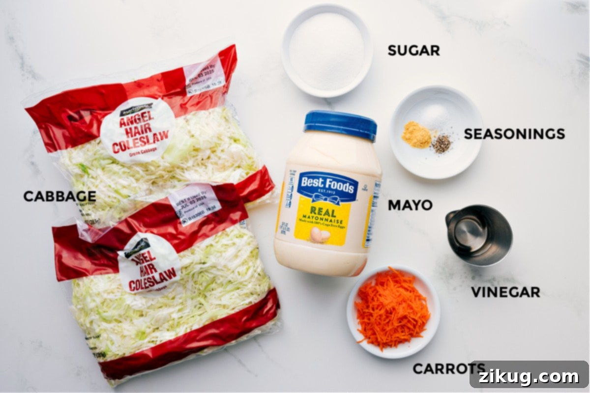 Ingredients In Chick-Fil-A Coleslaw Recipe All essential ingredients for Chick-fil-A Coleslaw, including finely shredded cabbage, grated carrots, creamy mayonnaise, granulated sugar, white vinegar, dry mustard, and salt, are meticulously prepped and displayed.