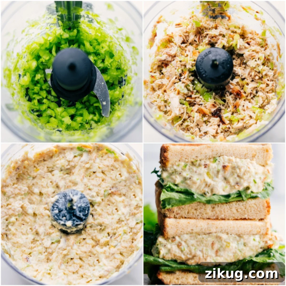How To Make A Copycat Chick-Fil-A Chicken Salad Recipe Finely chopped chicken and celery being processed in a food processor, followed by mixing with creamy ingredients for the Chick-Fil-A Chicken Salad Recipe.