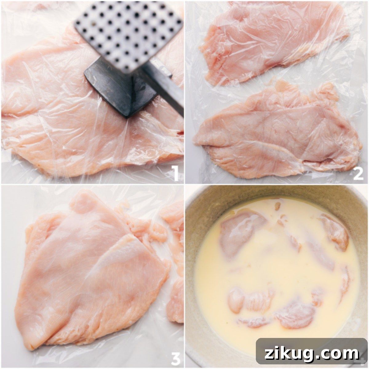 Chicken being prepped for crispy chicken sandwiches by slicing in half, pounding to even thickness, and marinating.