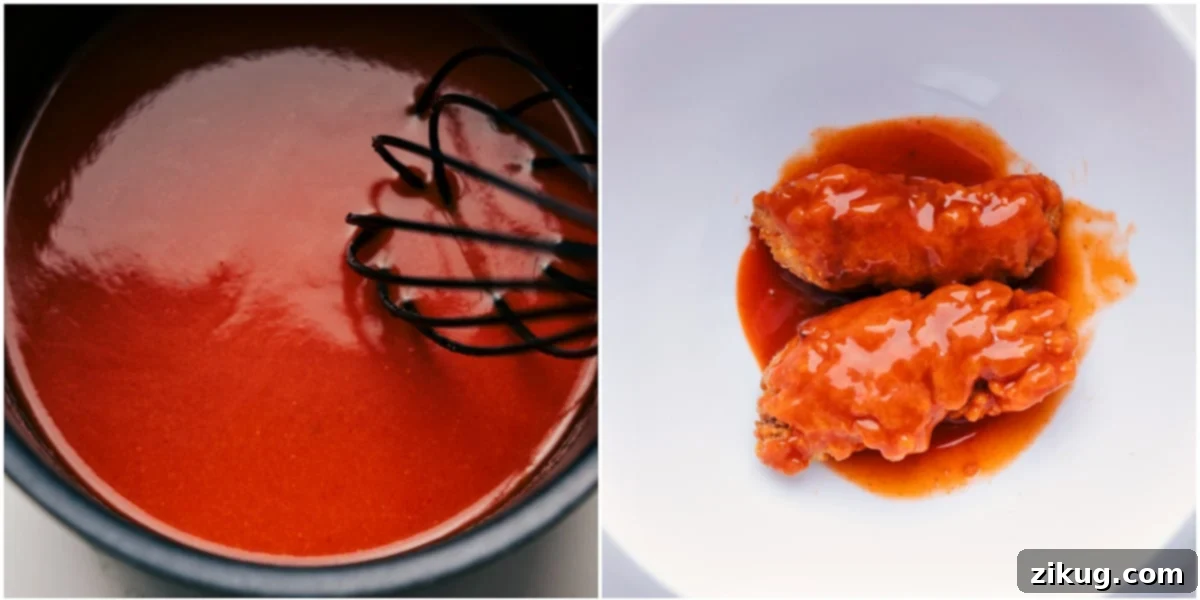 A vibrant hot sauce mixture being whisked in a saucepan, ready to coat the crispy chicken for flavorful hot honey sliders.