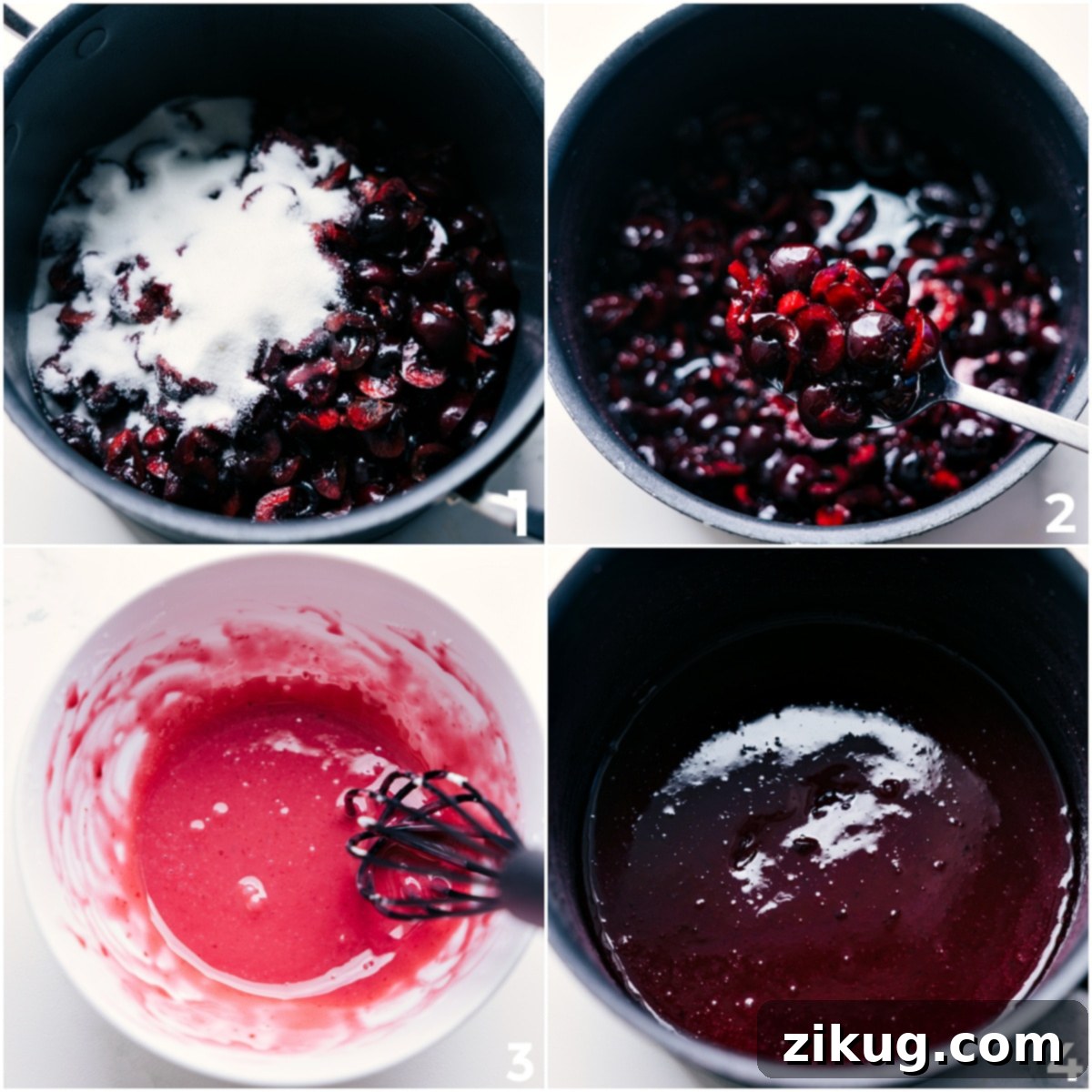 Fresh cherries being cooked down with granulated sugar and lemon juice in a saucepan, releasing their vibrant red juices, for the best cherry pie recipe filling.