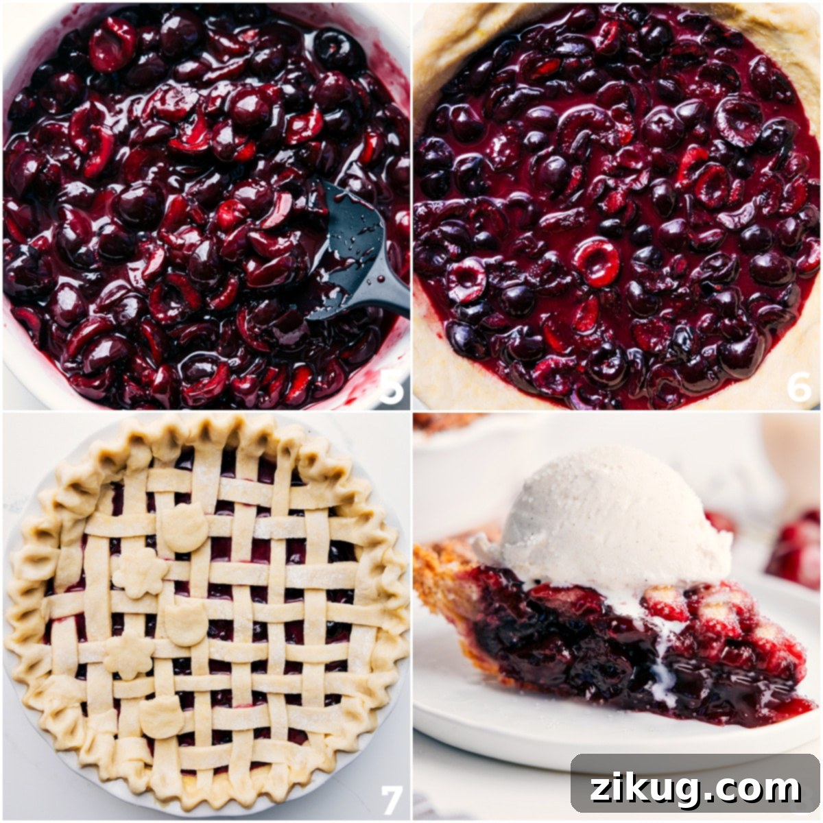 A beautifully assembled cherry pie with a golden lattice top crust, fresh out of the oven. A perfect slice is then served with a generous scoop of vanilla ice cream melting on top.