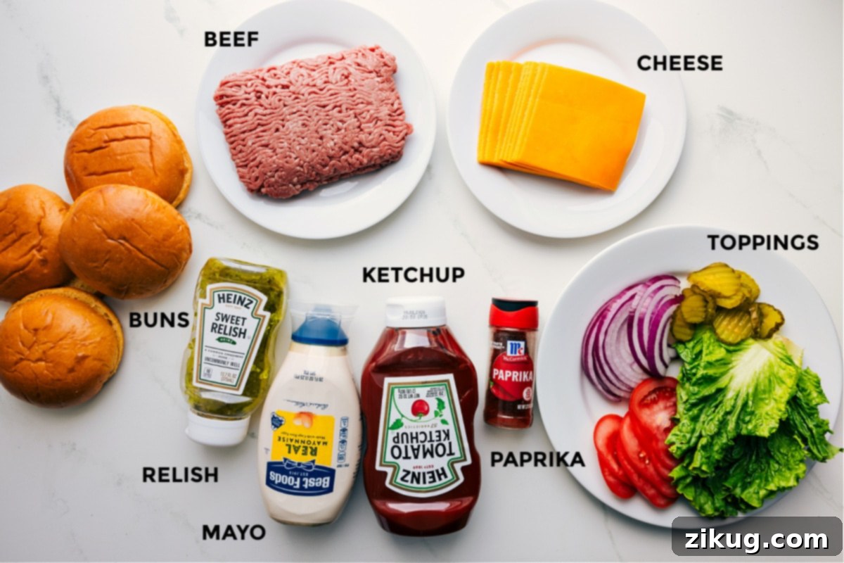 All the fresh ingredients laid out on a counter, including raw ground beef, soft brioche buns, sharp cheddar cheese, crisp lettuce, ripe tomatoes, pickle relish, mayonnaise, ketchup, and paprika, ready for smash burger assembly.
