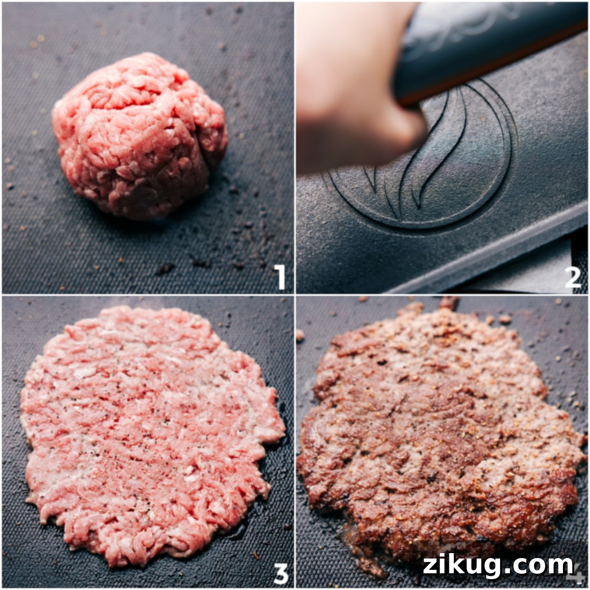 A step-by-step image showing ground beef being rolled into a loose ball, then firmly smashed onto a hot griddle with a burger press, forming a thin patty with crispy edges.