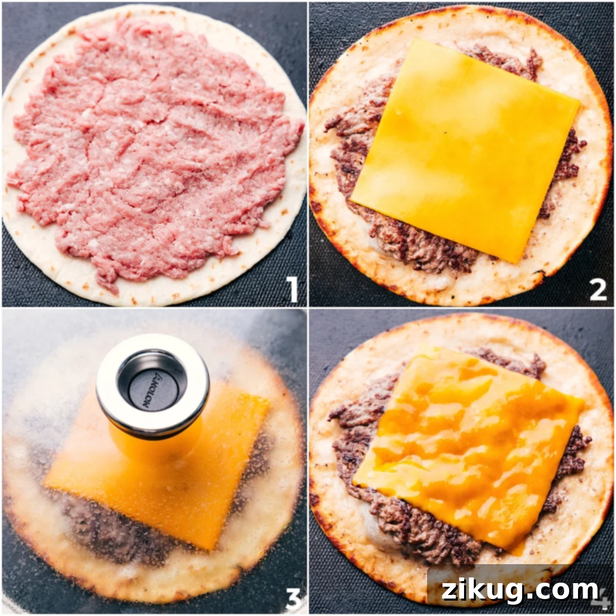 Mastering the Art of Making Smash Burger Tacos The beef is smashed into the tortilla, cheese goes on top, and it all cooks on the griddle for these Smash Burger Tacos.