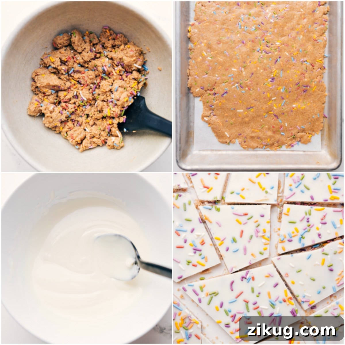 Steps for making Cake Batter Bark: dough being mixed, spread onto a pan, and topped with melted white chocolate and sprinkles.