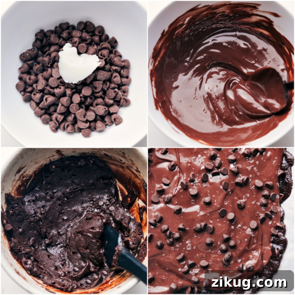 The process of making healthy brownie batter bark: ingredients mixed, spread on a sheet pan, topped with melted chocolate and chocolate chips, then sprinkled with flaky sea salt.