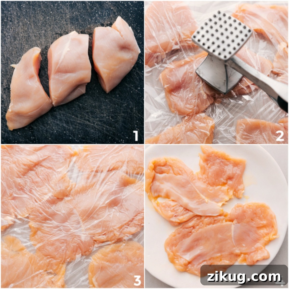 Chicken breast being expertly sliced in half horizontally and then pounded to an even thickness using a meat mallet, preparing it for a juicy and delicious Chicken Parmesan Sandwich.