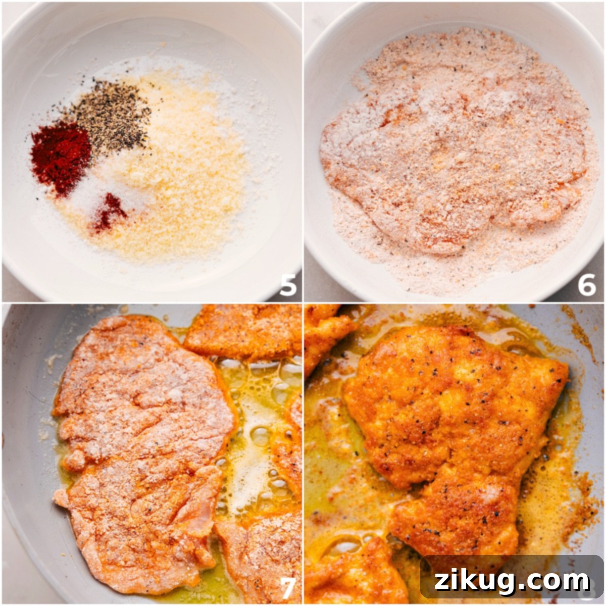 The breading ingredients being mixed together in a bowl, followed by chicken cutlets being dipped first in egg, then in the breading mixture, and finally fried to a golden crisp in a hot skillet, showcasing the key steps for making a delicious Chicken Parmesan Sandwich.