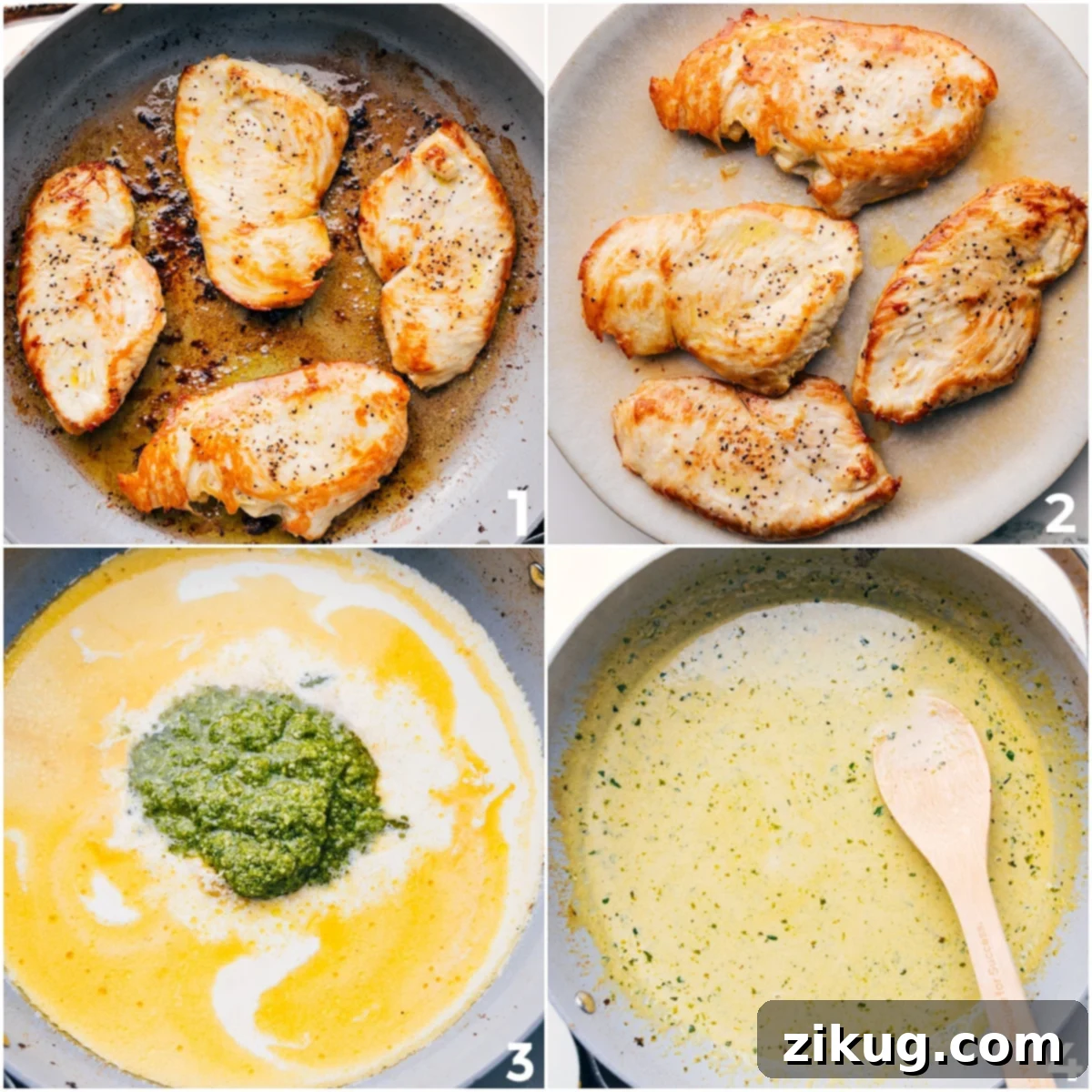 Step-by-step image showing pan-seared chicken being removed from a skillet, followed by the addition of butter and pesto to create a creamy sauce.