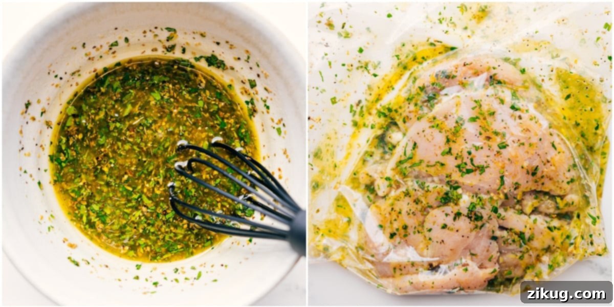 The Easiest And Most Flavorful Greek Chicken Marinade The marinade mixed together in a bowl and added to a bag with the chicken for this Greek chicken marinade.