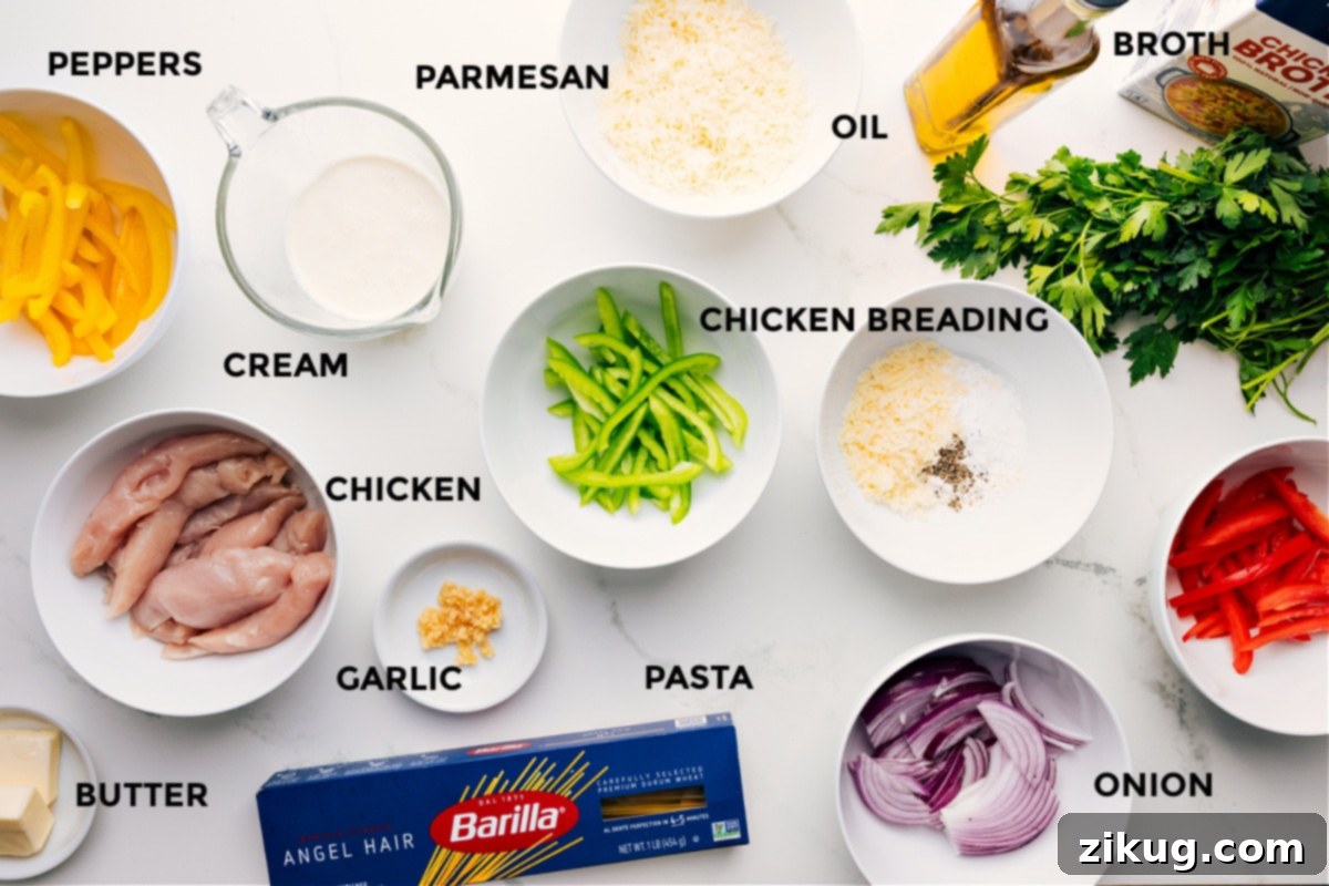 Essential Ingredients for a Flavorful Chicken Scampi A vibrant flat lay of all fresh ingredients for Chicken Scampi, neatly prepped and arranged. It includes sliced colorful bell peppers, red onion, a block of Parmesan cheese, a lemon, fresh parsley, butter, minced garlic, chicken cutlets, angel hair pasta, and a container of chicken broth.