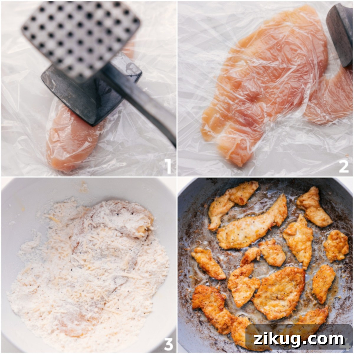 How to Prep and Cook Crispy Chicken for Scampi A step-by-step visual of preparing chicken for Chicken Scampi, showing chicken breasts being pounded to even thickness, then coated in a flavorful breading, and finally pan-fried to a golden crisp in a hot skillet.
