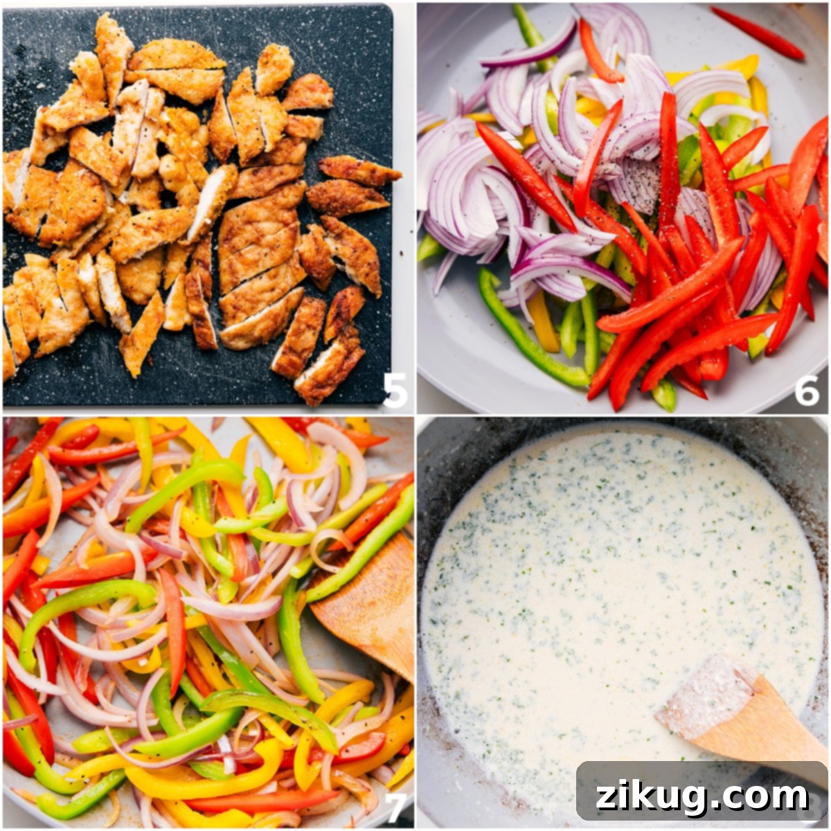 Step-by-Step Guide to Making Chicken Scampi A three-panel image demonstrating the cooking process for Chicken Scampi: dicing cooked crispy chicken, sautéing sliced bell peppers and onions in a skillet, and finally stirring the rich lemon cream sauce with fresh herbs.