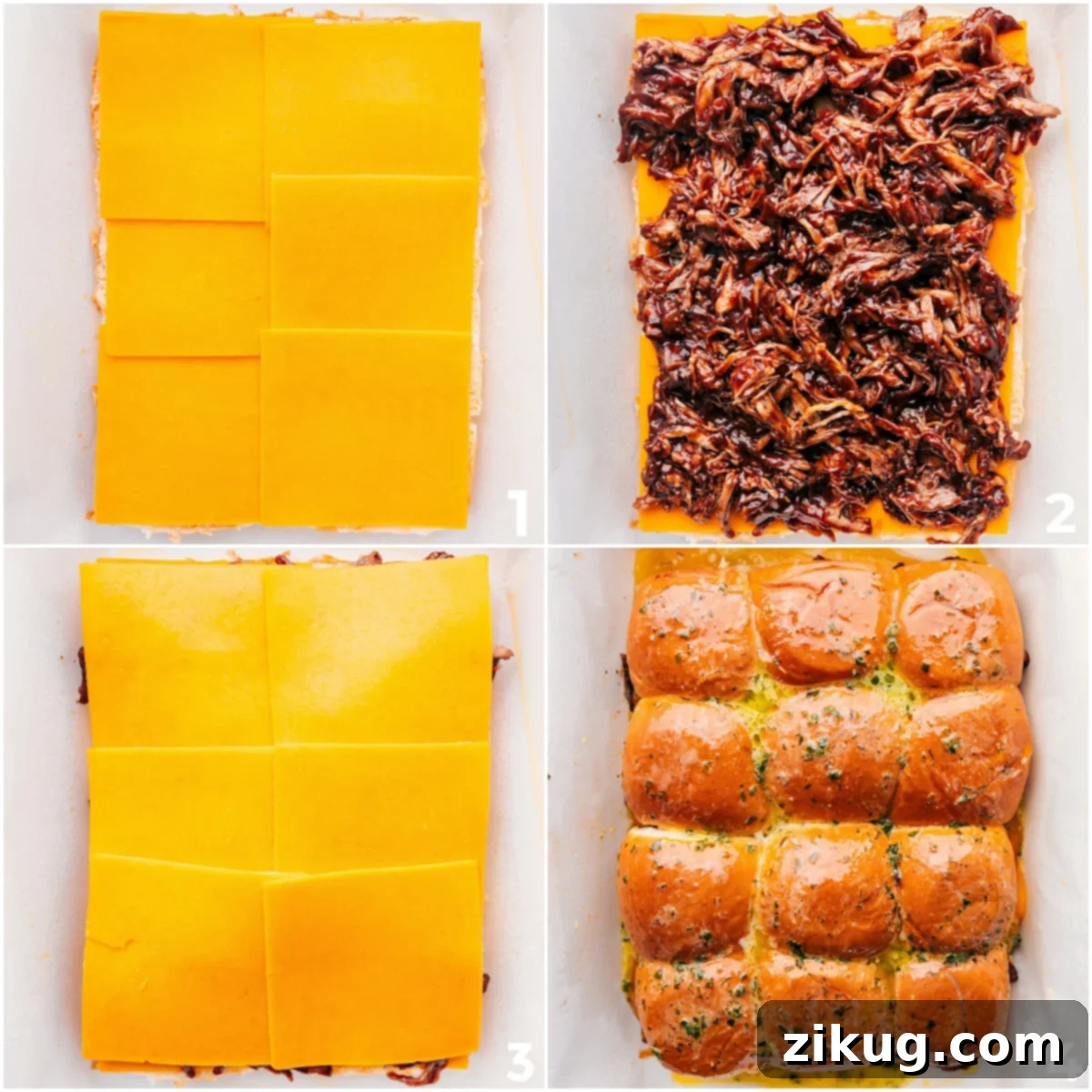 Simple Steps to Delicious BBQ Pulled Pork Sliders The process of assembling BBQ Pulled Pork Sliders, showing layers of cheddar cheese, saucy BBQ pork, and a buttery glaze on Hawaiian sweet rolls in a baking dish.