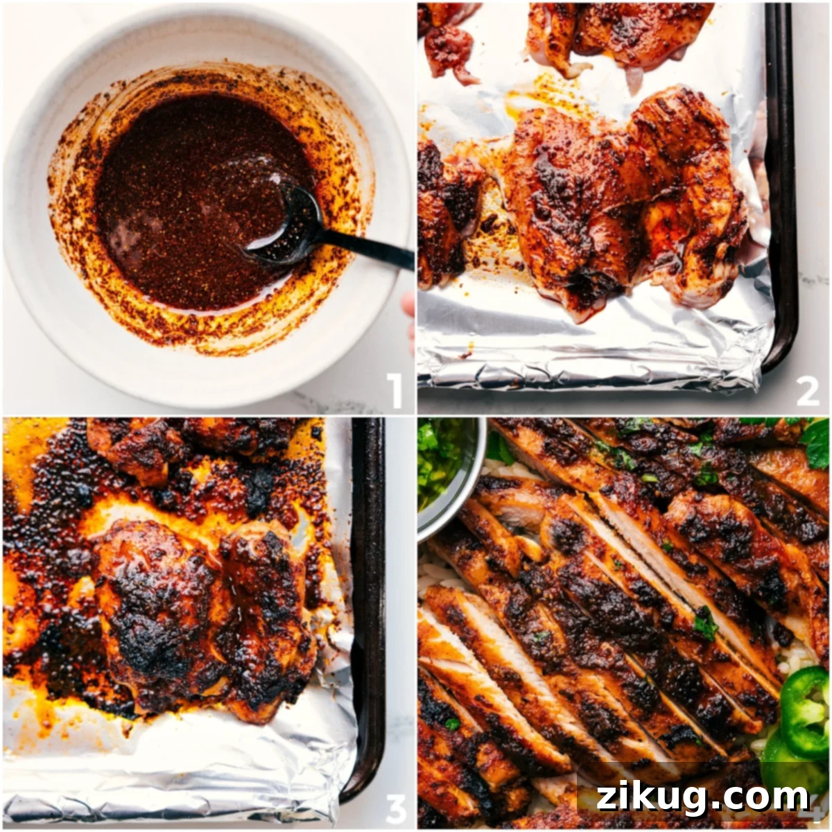 How To Make The Best Baked Chicken Thighs Recipe Step-by-step process of preparing baked chicken thighs: seasoning them, baking until golden, and finally slicing them for a meal.