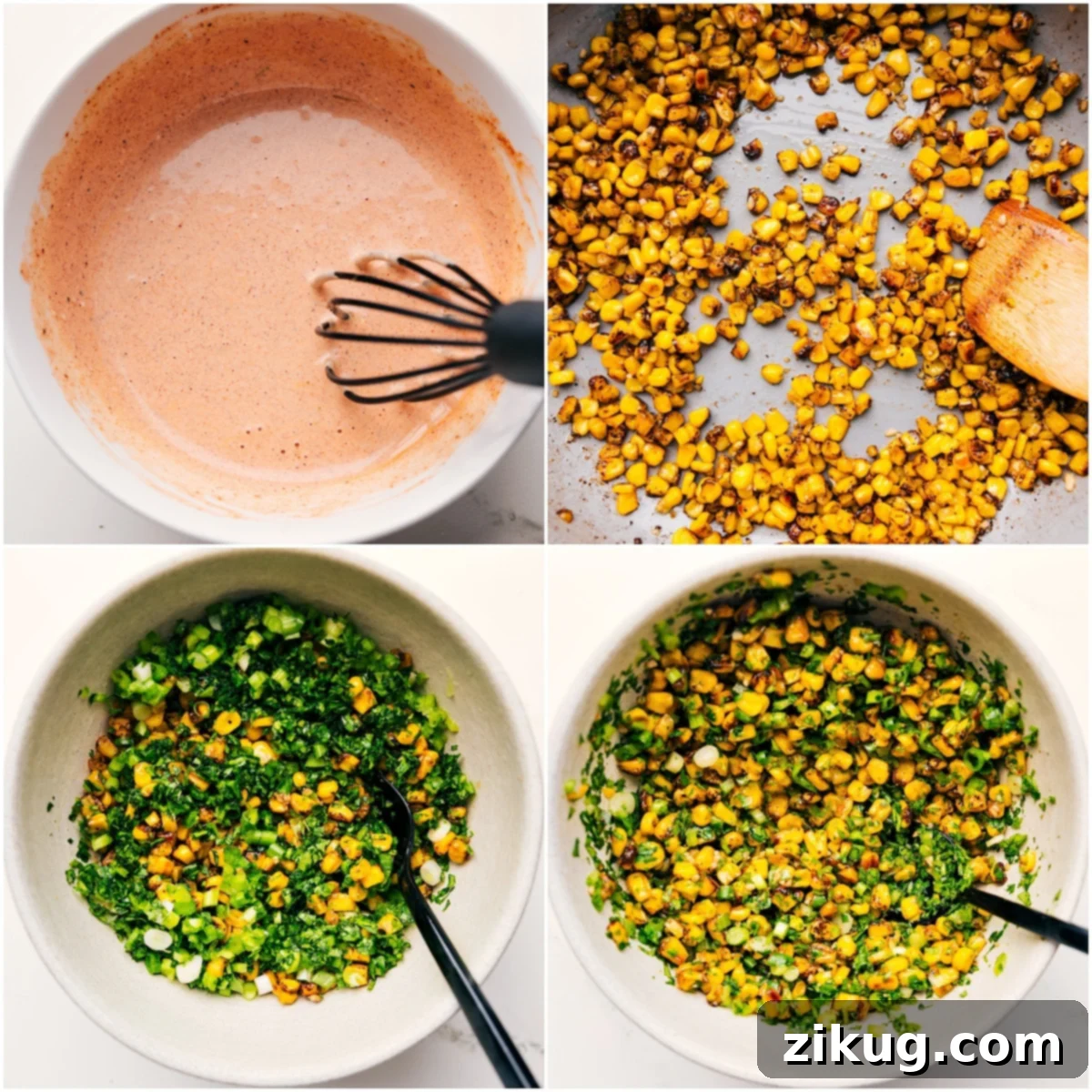 Step-by-Step Guide: How To Make This Street Corn Chicken Rice Bowl The creamy chili lime sauce and the smoky corn mixture being prepared and mixed in separate bowls, ready for assembly.