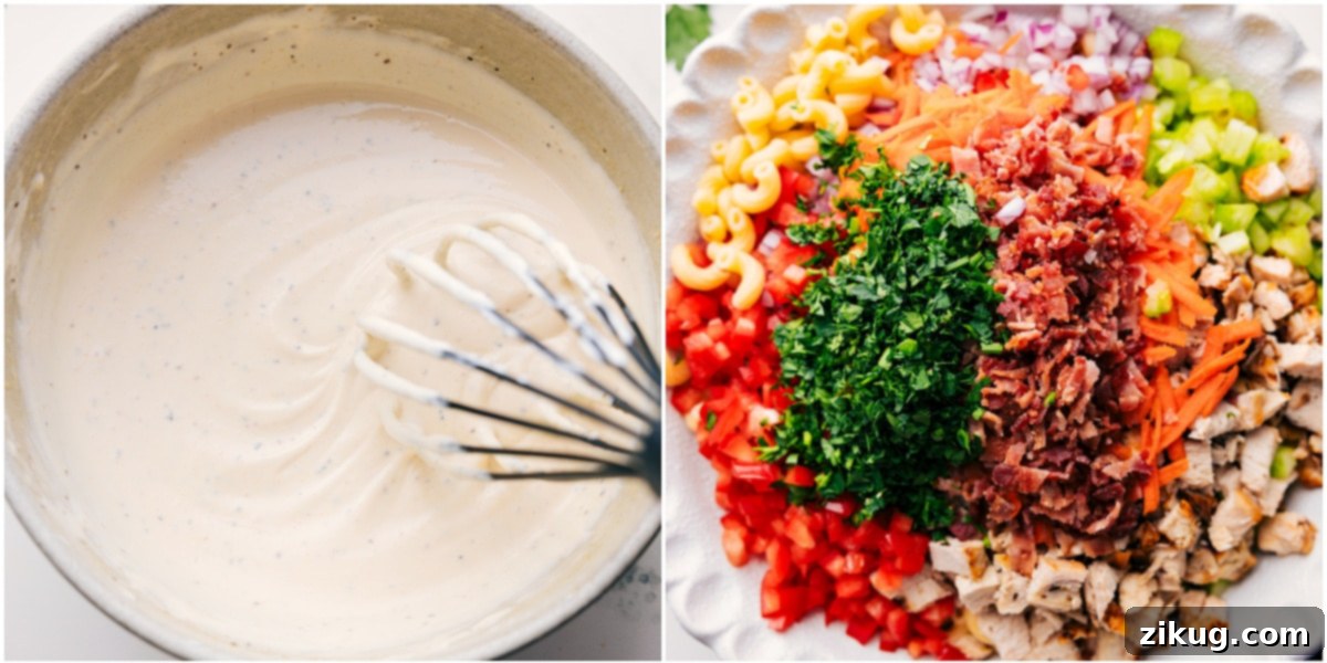 How To Assemble Chicken Macaroni Salad A visual guide depicting the preparation of Chicken Macaroni Salad: one bowl holds the creamy dressing after whisking, and another large bowl contains all the prepped salad ingredients including cooled pasta, chicken, bacon, and vegetables, ready for combining.