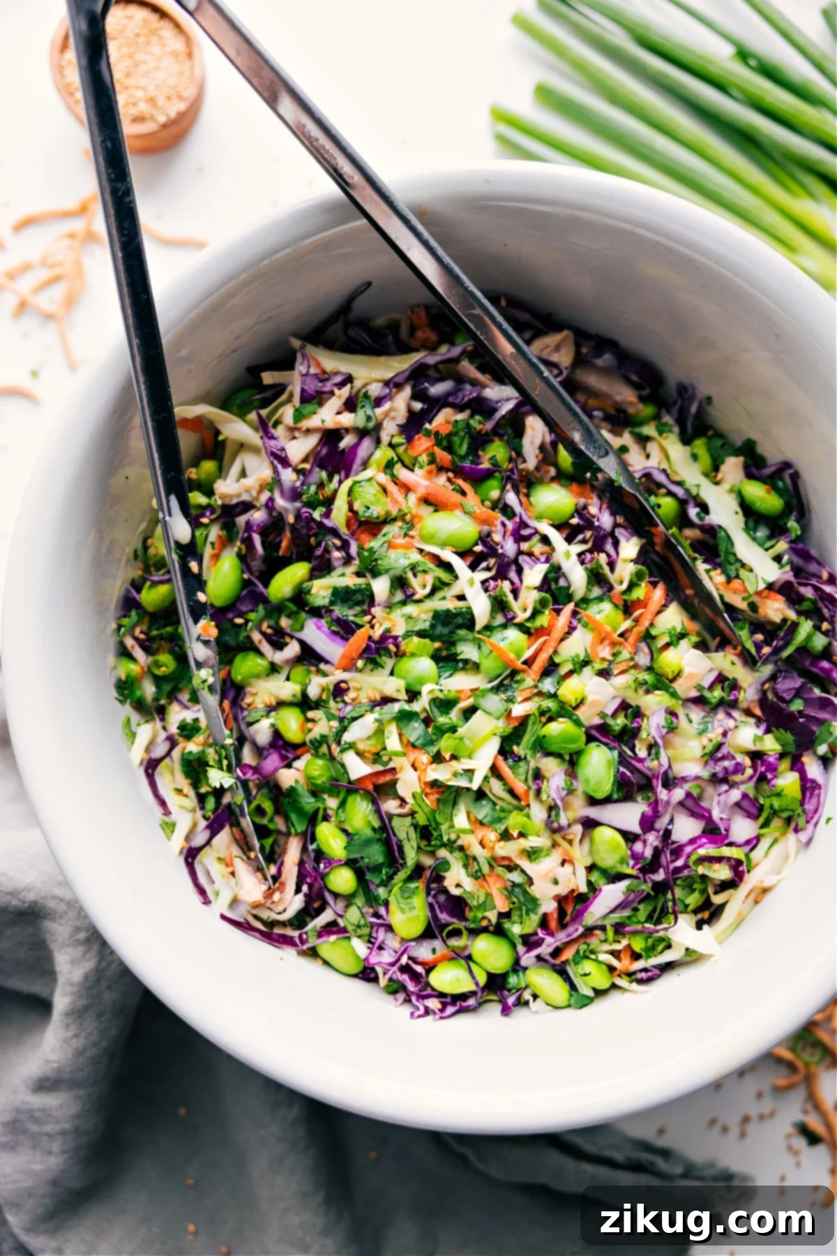 Fresh And Flavorful Asian Slaw Recipe A large bowl of fresh Asian Slaw, with shredded cabbage, carrots, edamame, and cilantro, generously tossed in a creamy dressing.