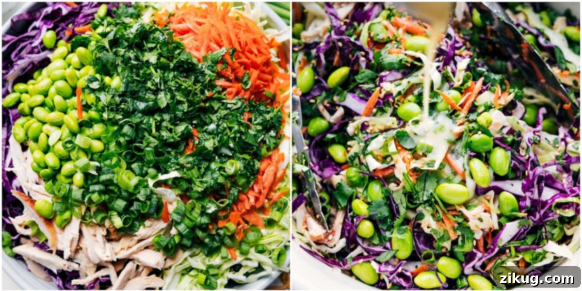 Flavor-Packed Asian Slaw Recipe All the prepared Asian Slaw ingredients in a large mixing bowl, with the creamy dressing being drizzled over before tossing.