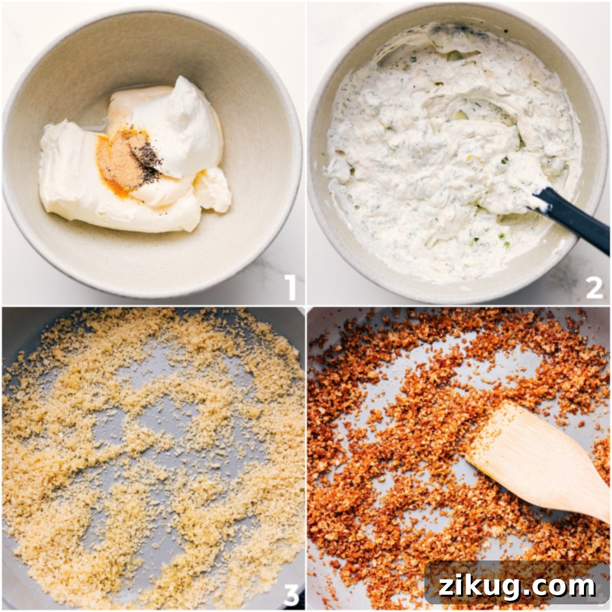 A bowl of creamy Fried Pickle Dip ingredients mixed together, with a separate pan showing panko breadcrumbs being toasted in butter for the crispy topping.