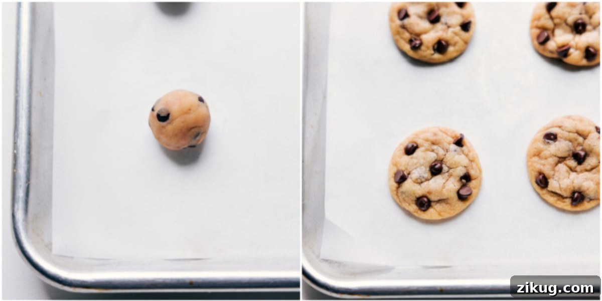 Chocolate Chip Cookies Made Mini Perfectly rolled small dough balls ready for baking, and then the finished, golden-brown tiny chocolate chip cookies, beautifully baked and cooling on a rack.