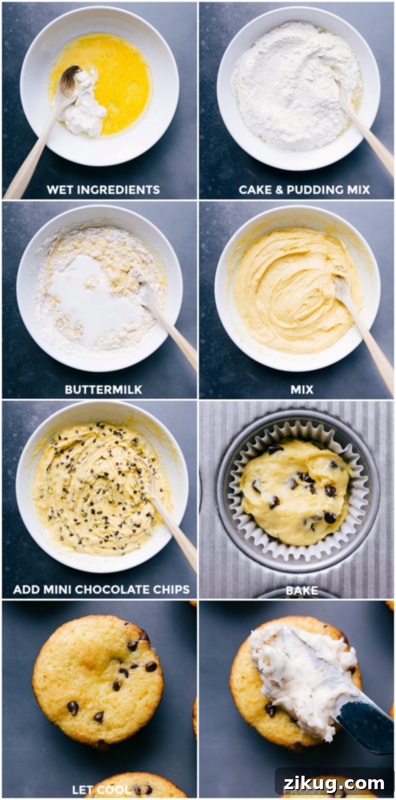 Chocolate Chip Cupcake Making Steps: Mixing, Baking, and Frosting Detailed preparation steps for the chocolate chip cupcake recipe: mixing wet ingredients, stirring in buttermilk, folding in chocolate chips, filling muffin liners, baking, cooling on a wire rack, and finally frosting with rich cream cheese.