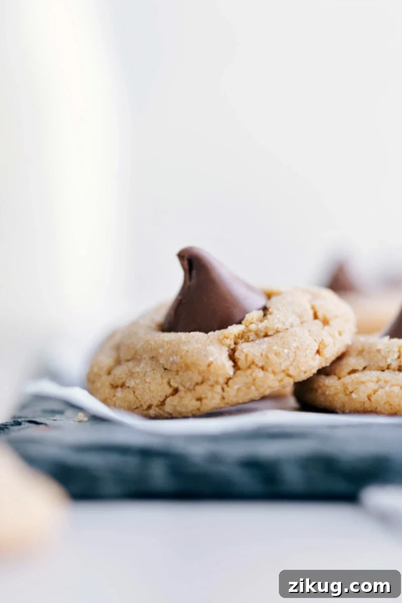 Peanut Butter Blossoms feature a chewy peanut butter base stuffed with a chocolate kiss. The secret to the best blossoms? Keeping the cookies small and rolling them in sugar before baking! Perfectly baked Peanut Butter Blossom Cookies with chocolate kisses