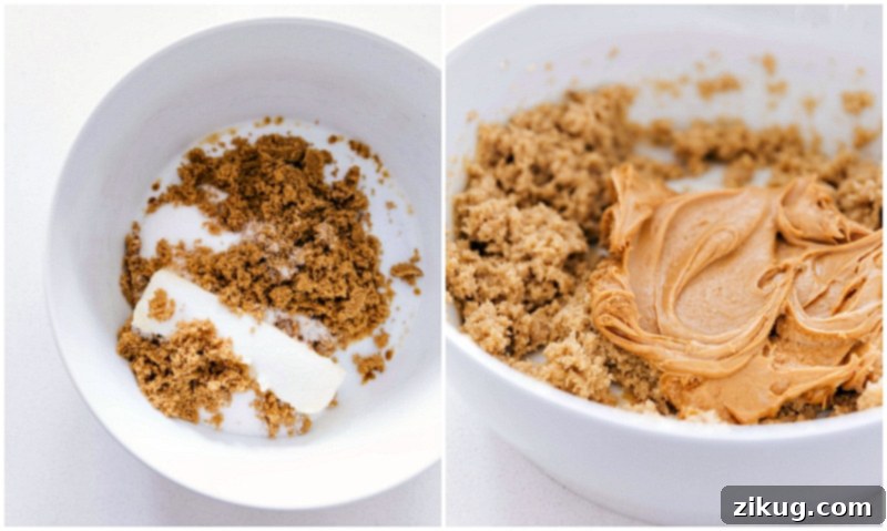 Peanut Butter Blossoms feature a chewy peanut butter base stuffed with a chocolate kiss. The secret to the best blossoms? Keeping the cookies small and rolling them in sugar before baking! Process shot: creaming butter and sugars together
