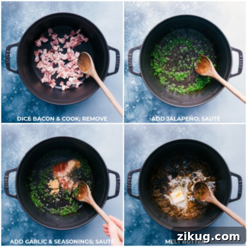 Process shot showing bacon cooking in a pan, with diced jalapeños, minced garlic, and various seasonings ready to be added, along with a pat of butter.