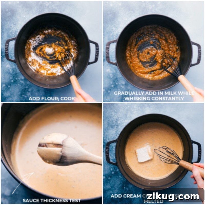 Process shots showing the creation of the cheese sauce: flour being whisked into melted butter, milk being gradually added, and softened cream cheese blending into the smooth, rich sauce.