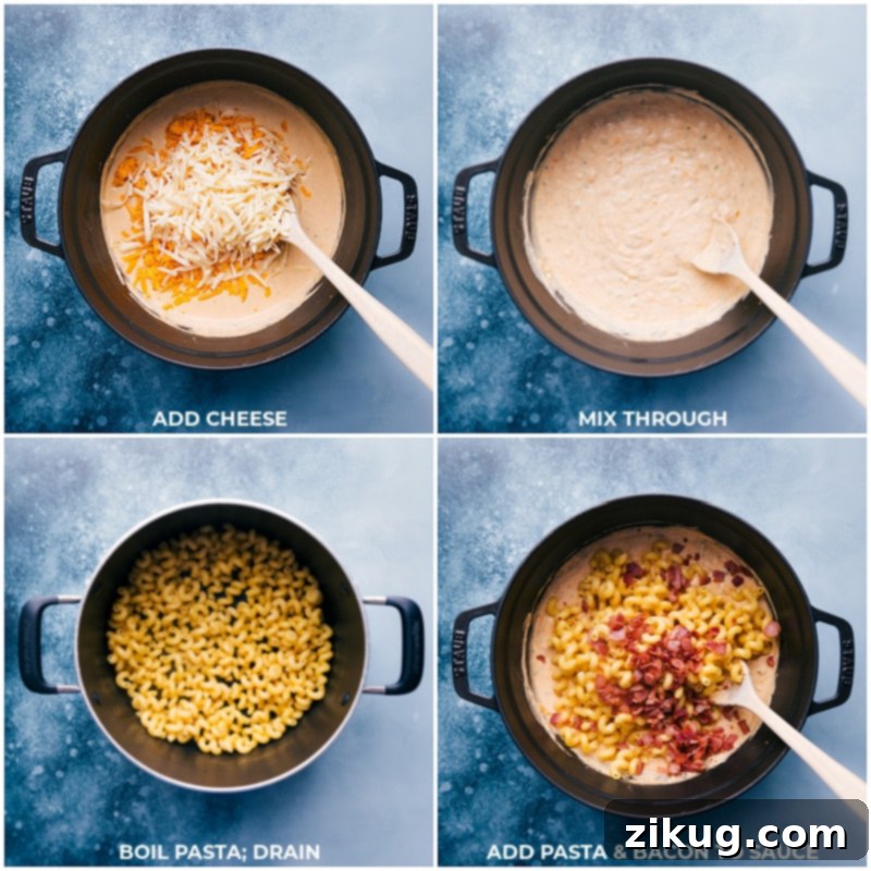 A close-up process shot of creamy cheese sauce, with cooked pasta and crispy bacon being added to the mixture, ready to be stirred together.