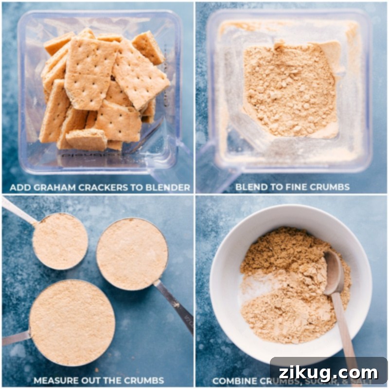 Process shots showing graham crackers being blended, then mixed with sugar and salt in a bowl.