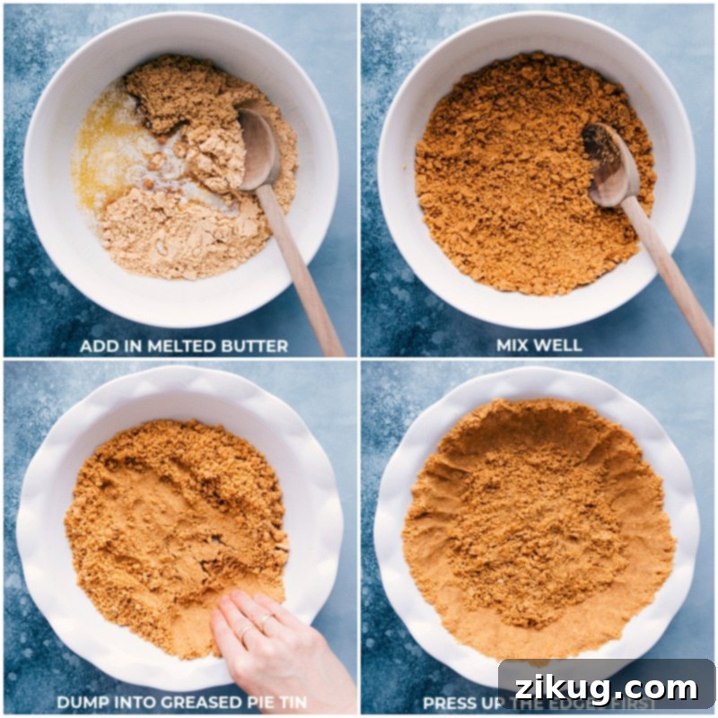 Process shots showing melted butter being added to the graham cracker mixture, then mixed and pressed into a pie pan.