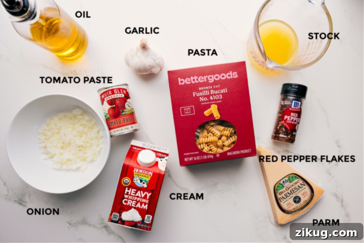 Key Ingredients For Creamy Tomato Pasta Recipe An organized display of fresh ingredients for creamy tomato pasta, including vibrant red tomatoes, aromatic garlic cloves, finely diced red onion, a block of rich Parmesan cheese, a bottle of golden olive oil, fresh green basil leaves, a carton of thick heavy cream, and a bag of fusilli bucati pasta.