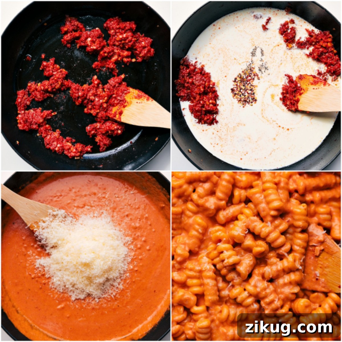 How To Prepare Creamy Tomato Pasta Recipe A step-by-step visual sequence for making creamy tomato pasta, showing onions sauteing, tomato paste blooming, cream and stock simmering into a sauce, and finally, perfectly cooked pasta being tossed and coated in the rich, creamy tomato sauce with Parmesan.